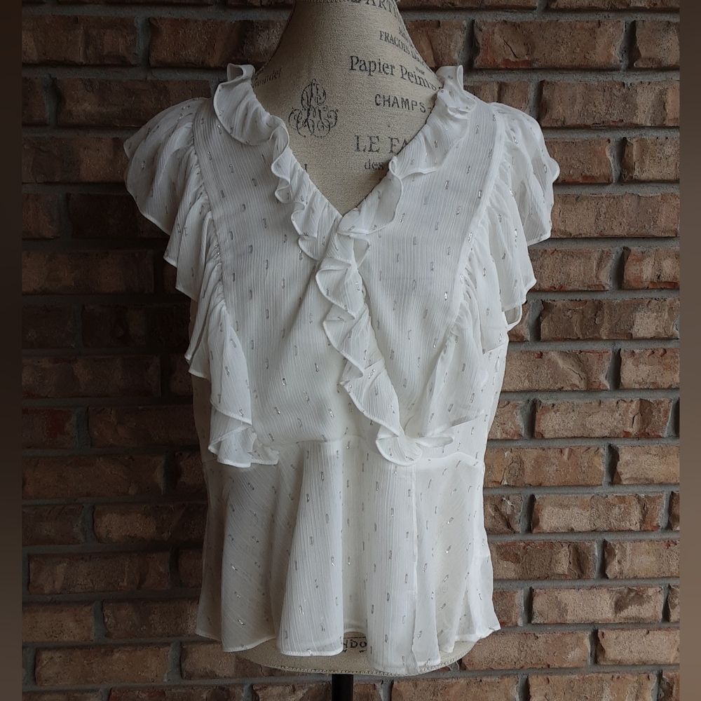 Maison d' Amelie Paris White Bouse with Silver Metallic and Ruffle Detai…